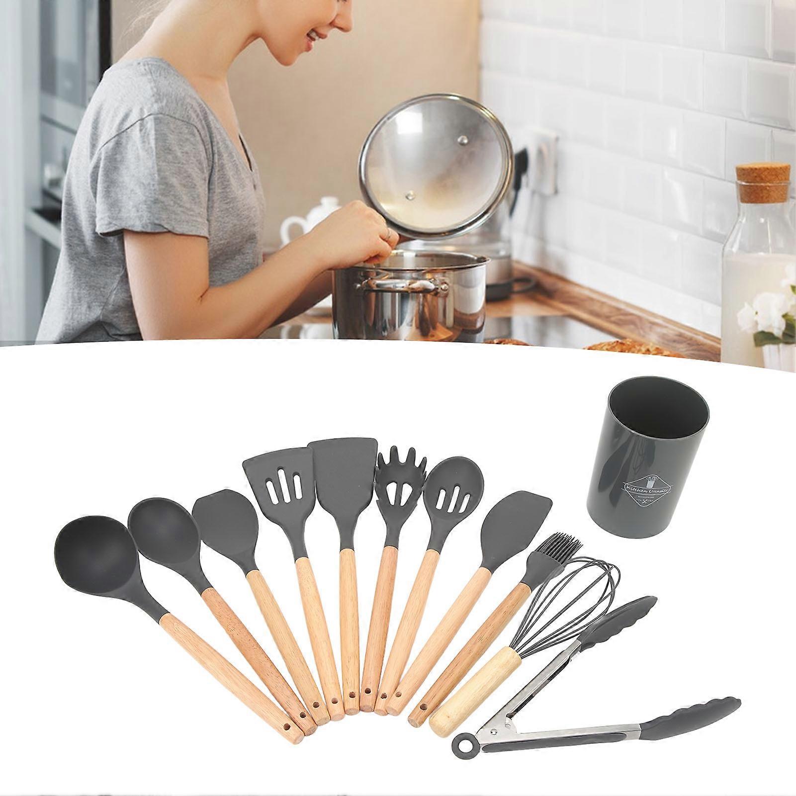 12 PCS Kitchen Utensils Set Dark Gray Silicone Willow Handles