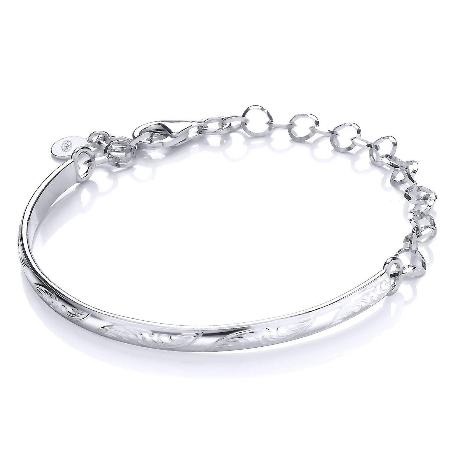 Jewelco London Κυρίες Ασημένιο Κυβικό ζιρκονία Ρυθμιζόμενο Floral Χαραγμένο Ημι Βραχιόλι Βραχιόλι 4mm