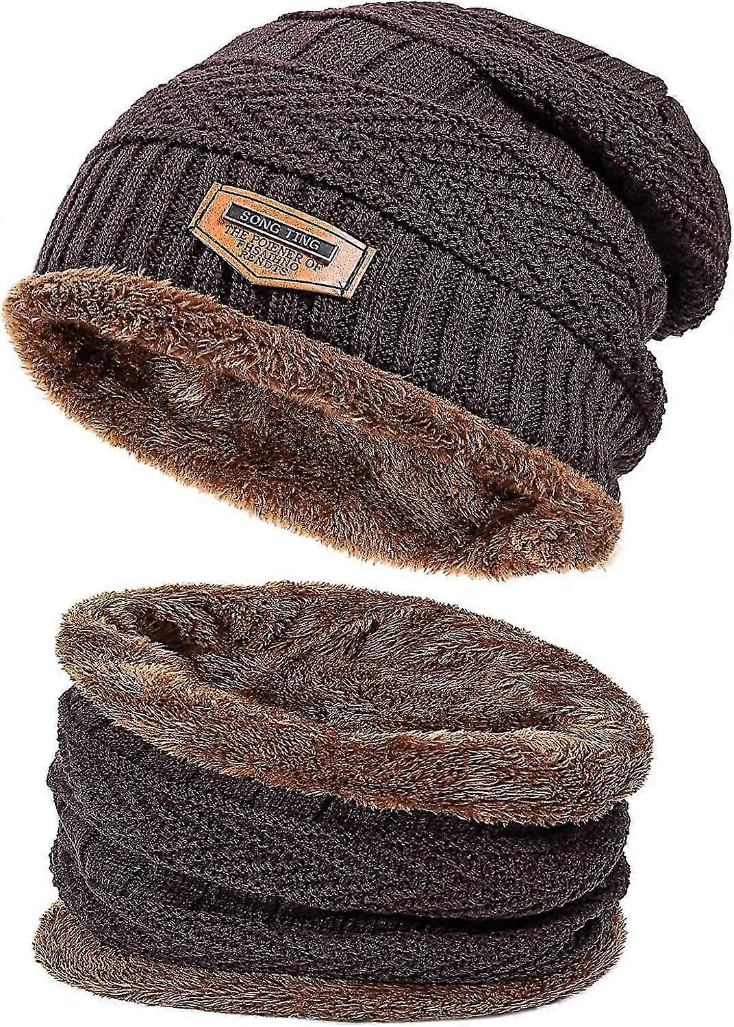 Winter Beanie Hat Scarf Set,fleece Lined Warm Hat Neck Warmer,thick Skull Cap