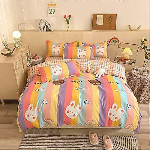 Children Bedding Set  Soft Duvet Cover, Flat Sheet, 2 Pillow Cases; No Comforter; Twin/Full Rainbow Bear Colorful 70x86