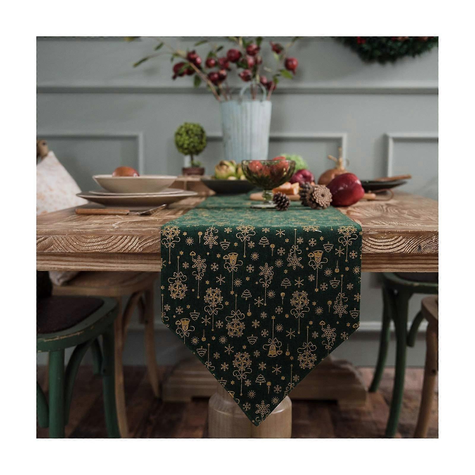 Table Runner 30x220 cm Cotton Linen Christmas Theme Green Bells