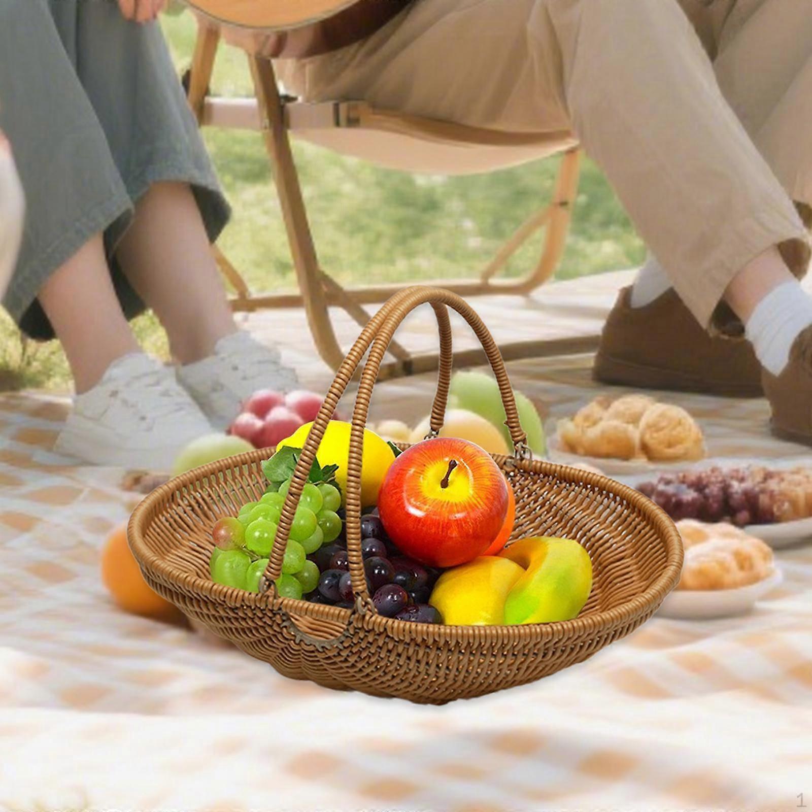 Imitation Rattan Kitchen Tote Basket Multipurpose for Beach, Park, Backyard with Adjustable Handle