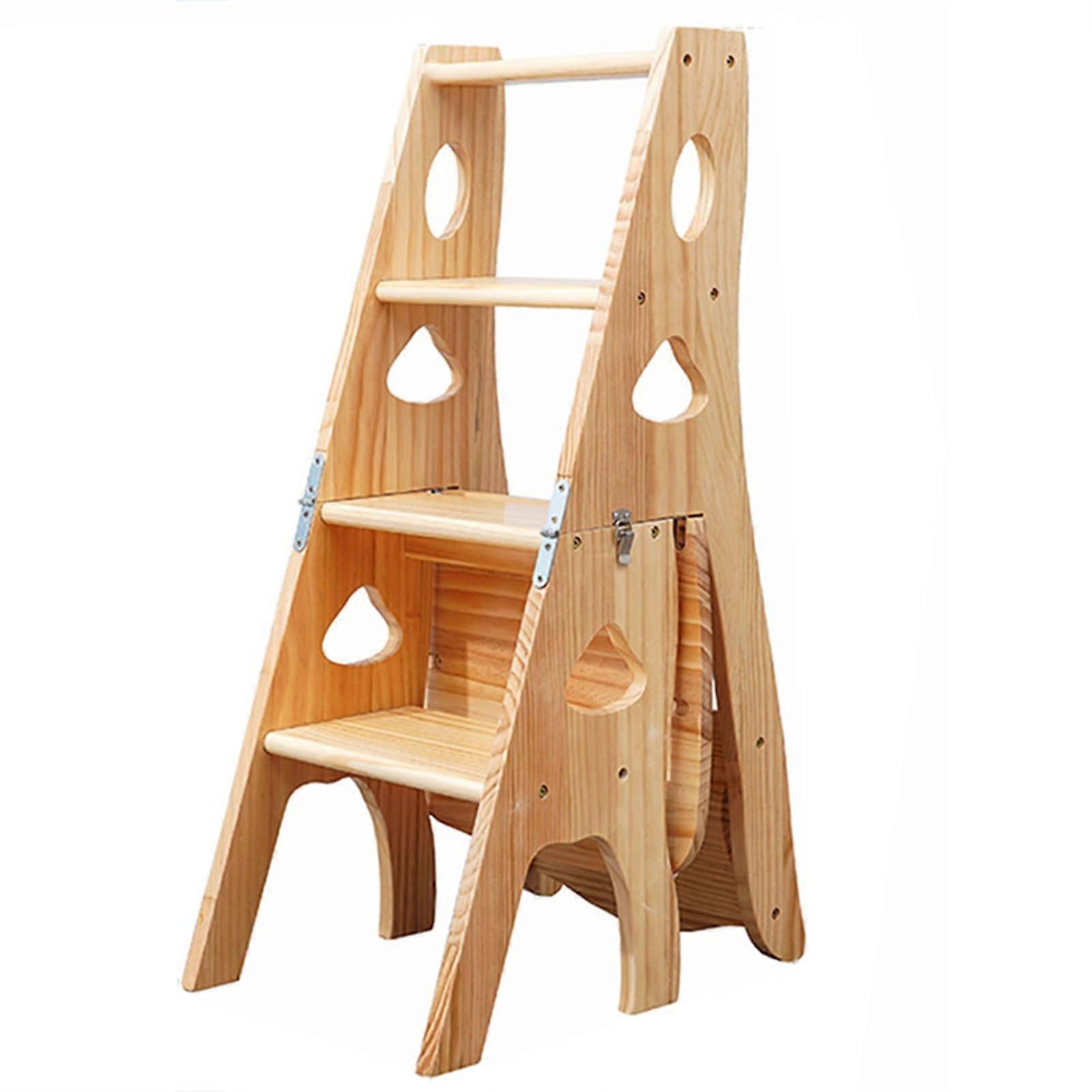 Wooden Folding Library Ladder Chair 3 in 1 Step Stool with Storage Shelf for Home 331 lbs Capacity Log Color