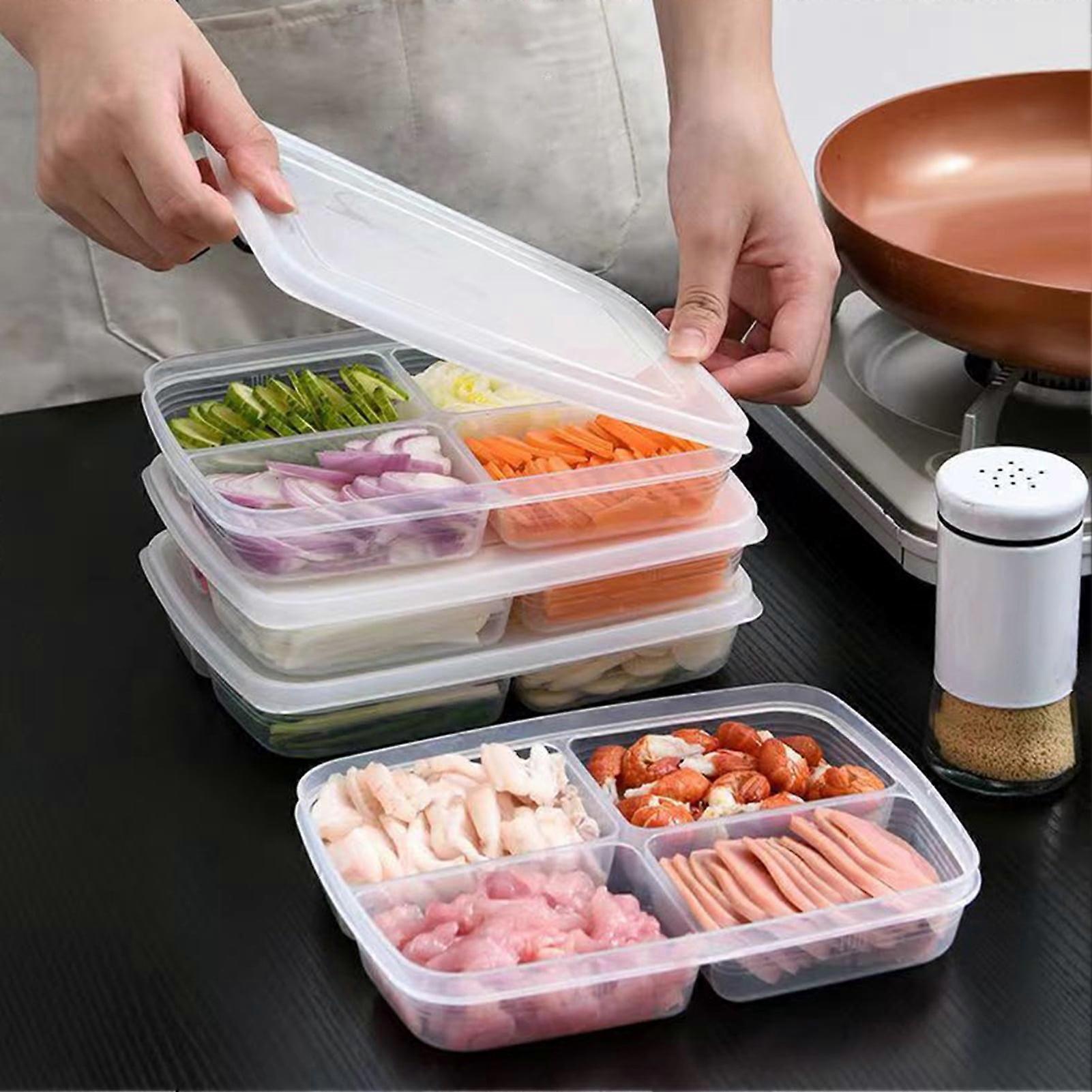 SUSUchens Fridge Food Preservation Box, 4-Compartment Transparent Leak-Proof Storage Container with Lid, Reusable Veggie Tray for Meat, Fruits,
