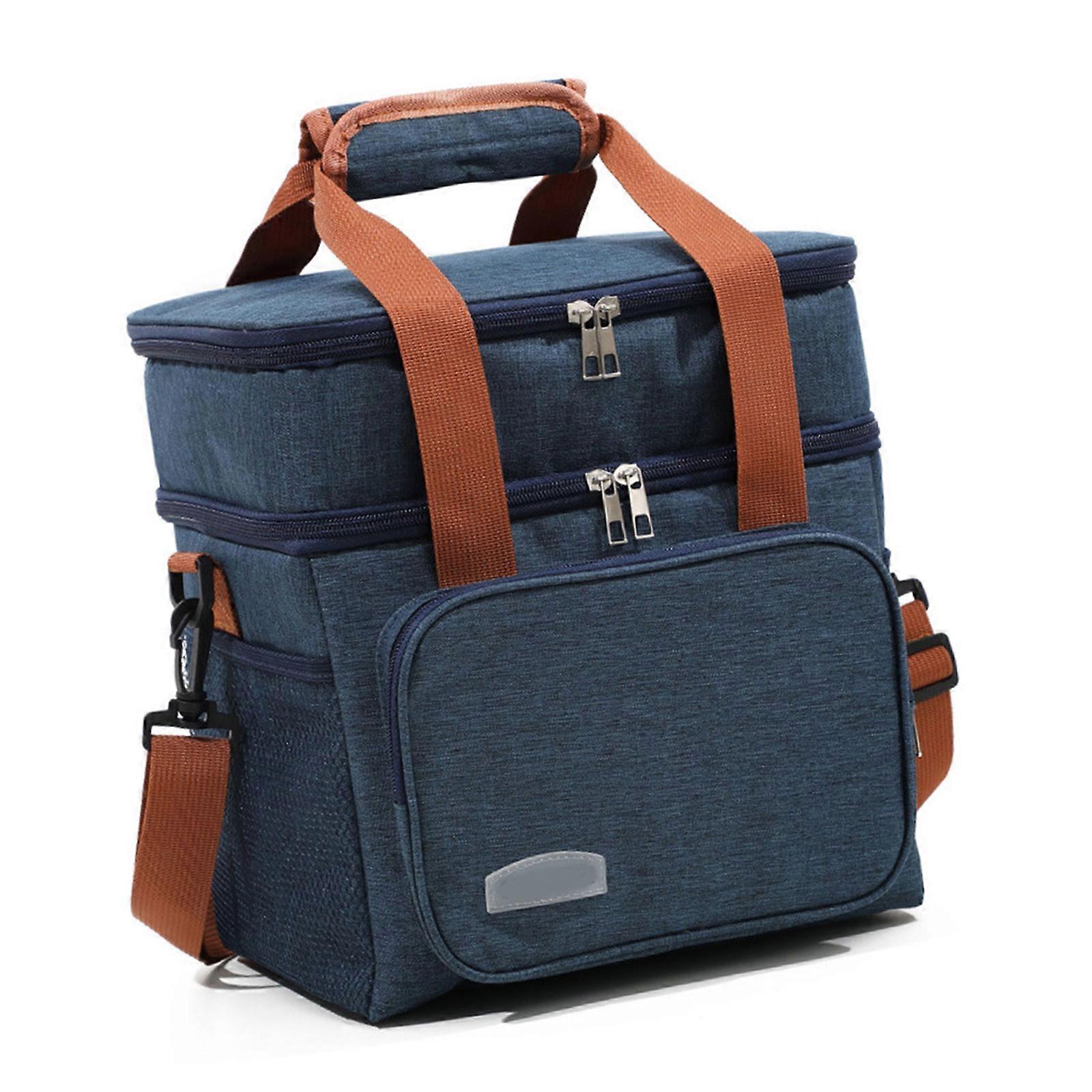Large Capacity Insulated Lunch Bag Expandable Double Layer Organiser Side Holders for Big Bottles Adjustable Strap  navy blue
