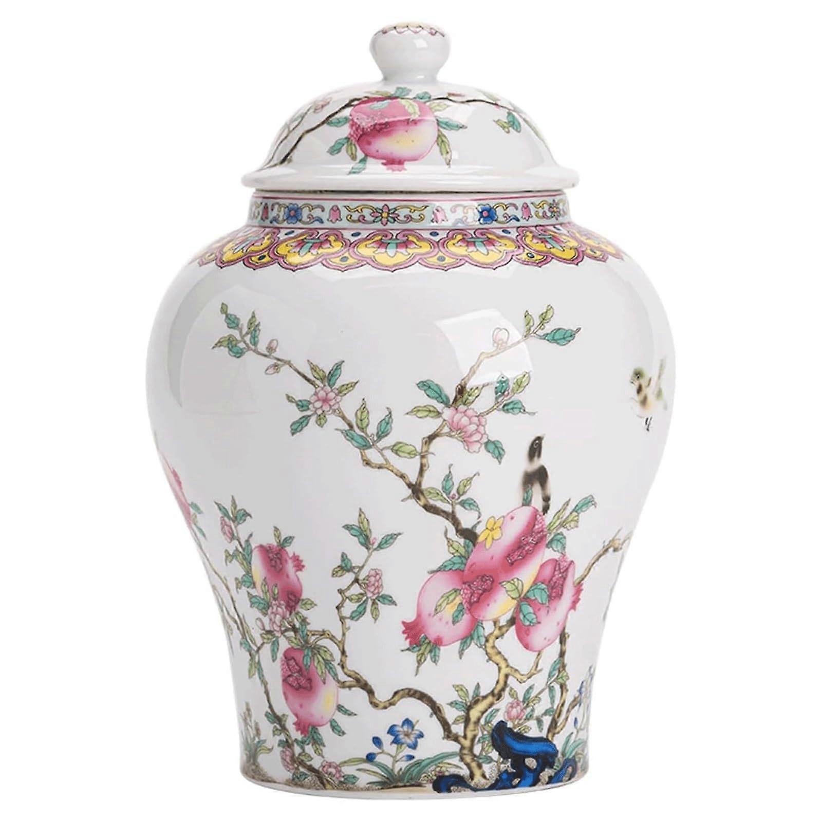 Ginger Jar Ceramic Vase with Lid Jingdezhen Chinoiserie Longevity Peach Design White 13.8x19.5cm