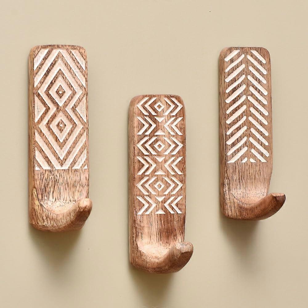 Wooden Wall Hooks with HeavyDuty Adhesive, NoDrill Boho Décor for Coats, Keys, Hats, Towels, 3pcs