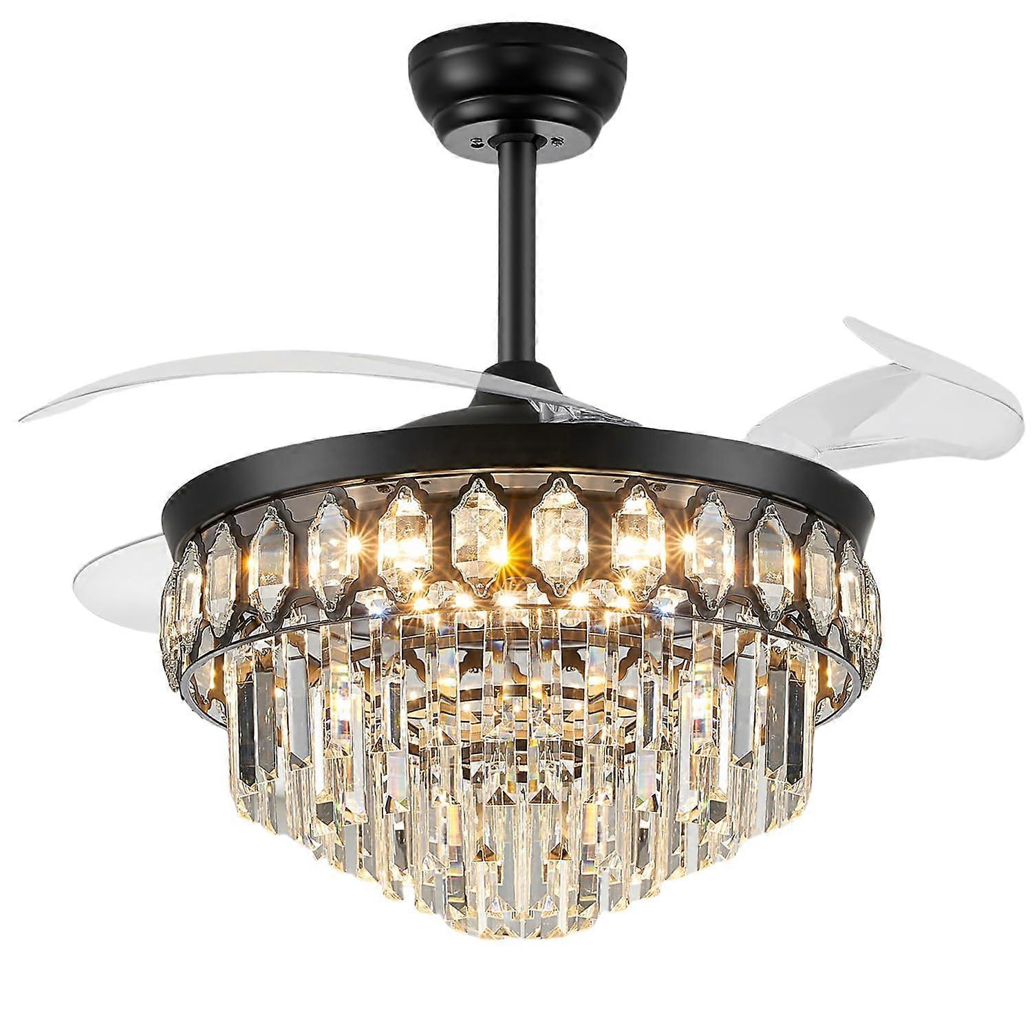 48 Inch Retractable Ceiling Fan with Light, Crystal Chandelier, Dimmable LED, Remote, Black