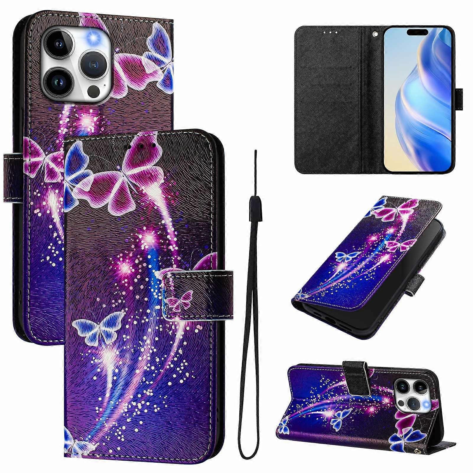 For iPhone 15 Pro Max Case Pattern Printing Wallet Phone Cover with Strap