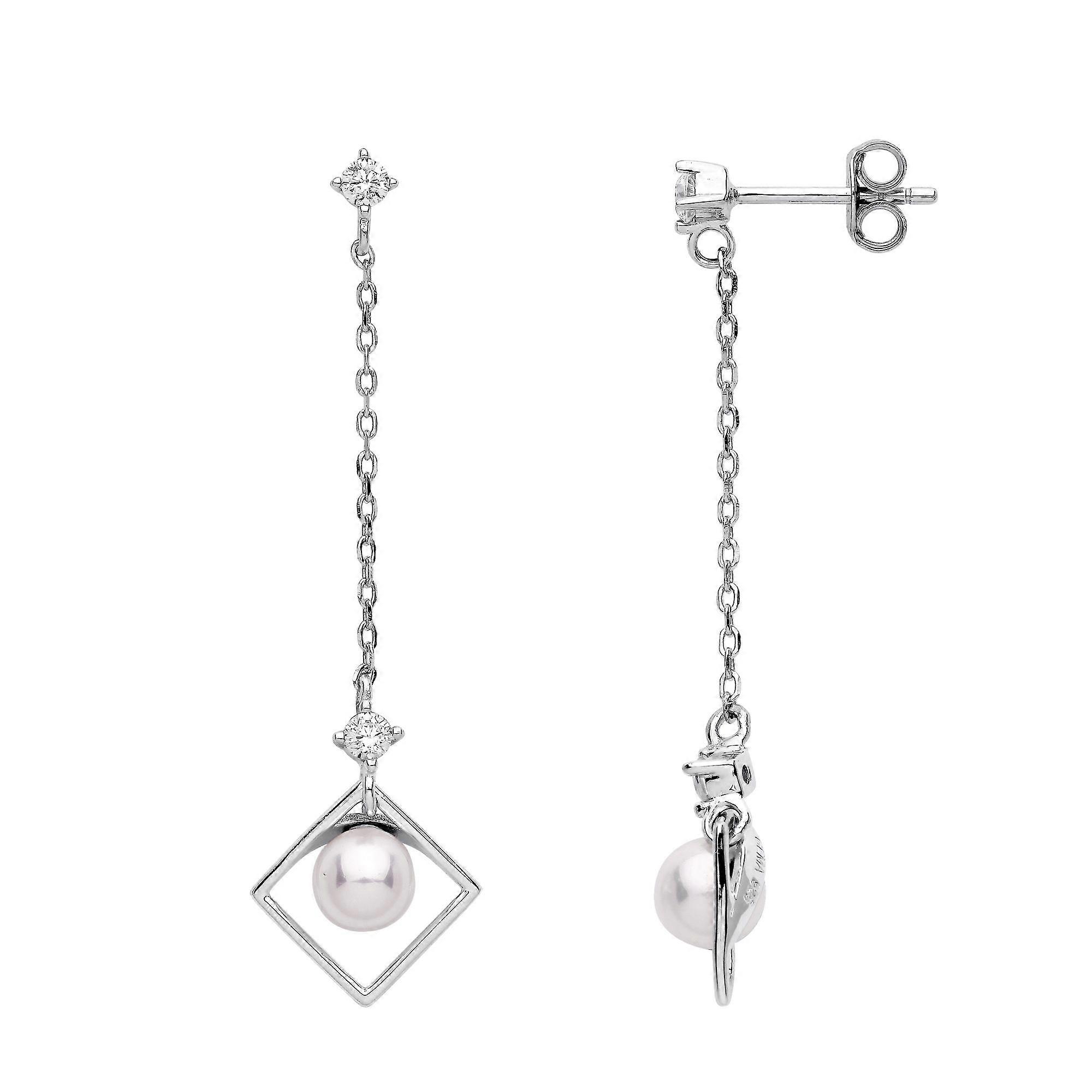 Jewelco London Ladies Rhodium Plated Sterling Silver Cream Pearl CZ Square Chain Art Deco Shoulder Duster Drop Earrings