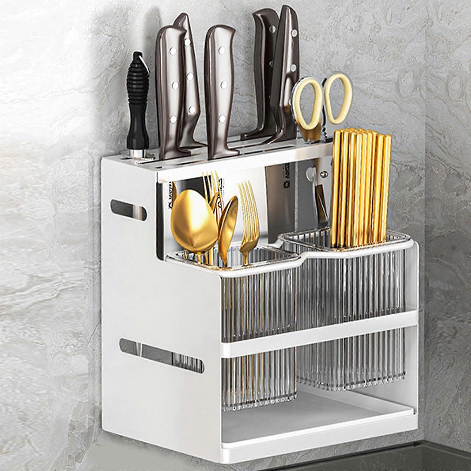 Kitchen Utensil Holder with Drain Tray, Dual Compartment Countertop Storage Rack, White