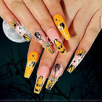 Halloween Press On Nails Long Orange Fake Nails with Spider Web and Rhinestones Reusable Acrylic Set