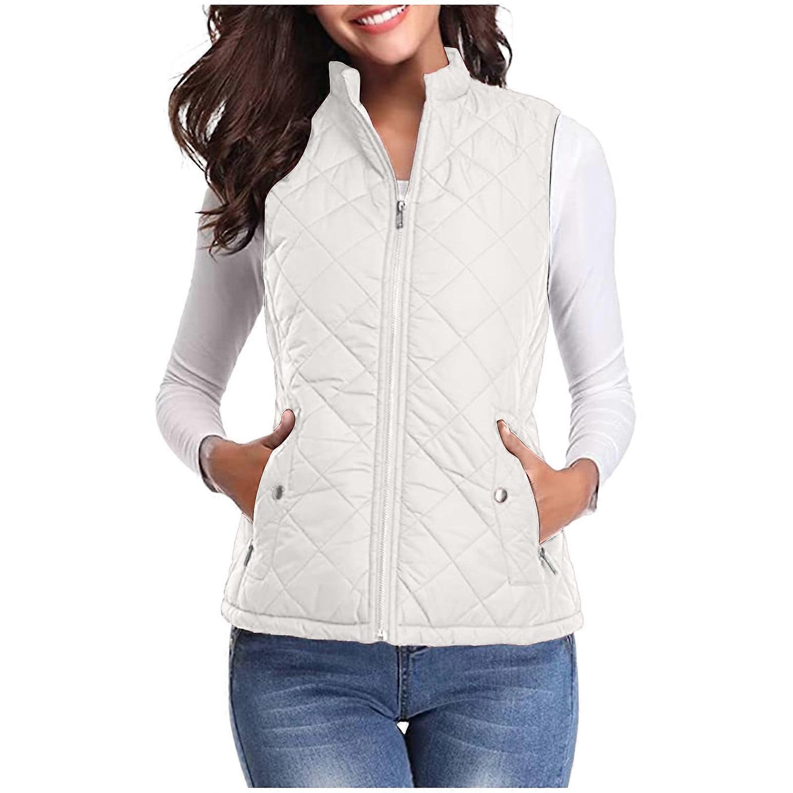 Vest for Women Winter Fall Basic Button Vest Solid Keep Warm Sleeveless Jacket with Pocket,White