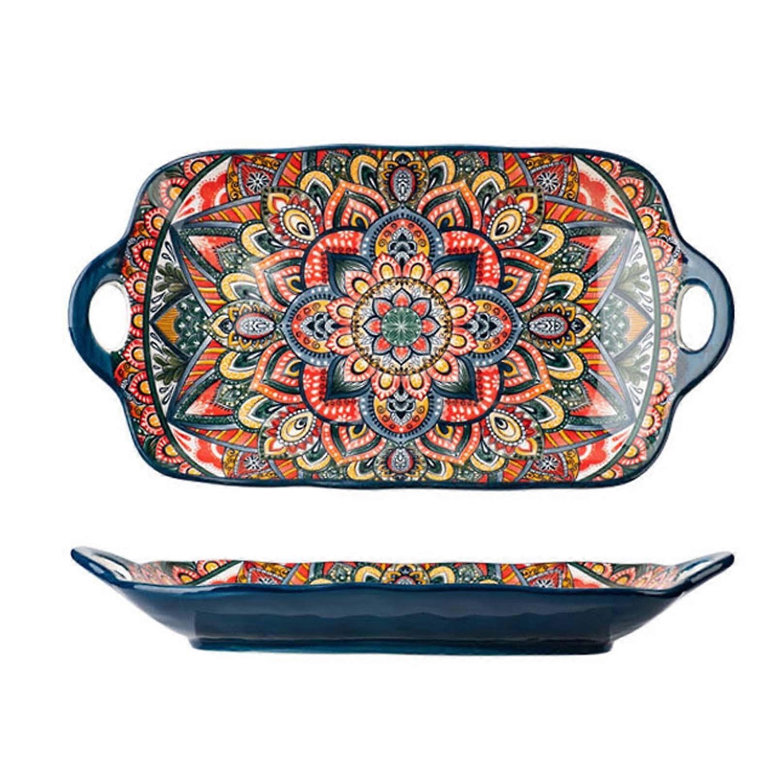Bohemian Ceramic Rectangular Serving Platter - 12.6inch Large Capacity Dinner Plate with Double Handles