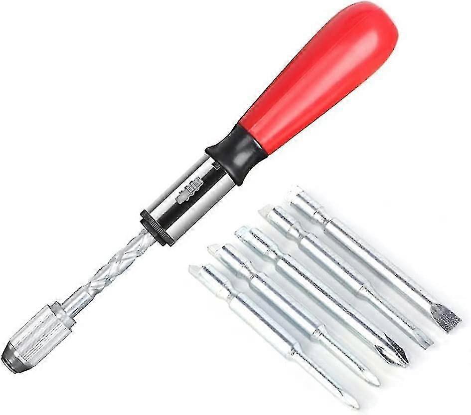Spiral Screwdriver, Push Pull Ratchet Screwdriver, 6 In 1 Push Pull Ratchet Screwdriver Set Semi-automatic Press Type (red)