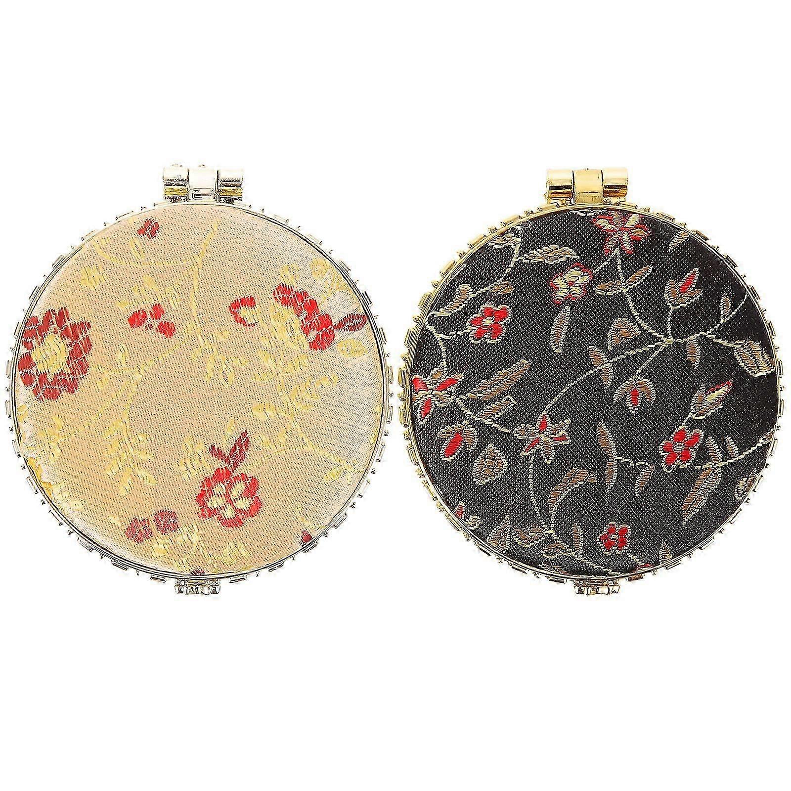 2PCS Double Sided Foldable Compact Brocade Makeup Mirror, Random Style
