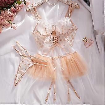 Women's Sexy Stylish Bra Set Lattice Embroidery Lace-up Shaping Bra Mesh Tutu Skirt Three-piece Set