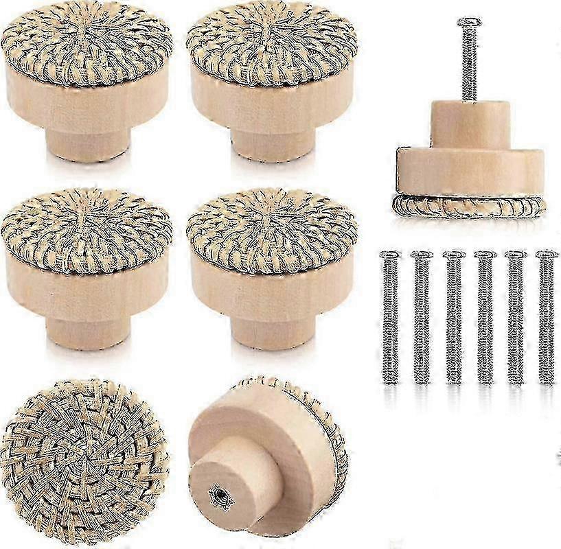 6 Rattan Cabinet Knobs,Round Wooden Drawer Knobs Walkbee 1051 B