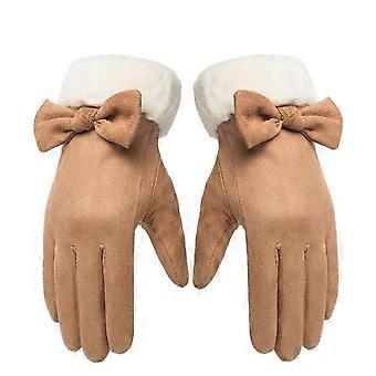 Luvas de inverno femininas em camurça cáqui com laço e tela sensível ao toque, quentes e respiráveis, ideais para ciclismo, atividades ao ar livre e uso diário. Conjunto com um par.