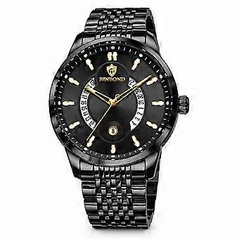 BINBOND Men's Waterproof Super Luminous Luxury Watch Black Steel B1375 JY
