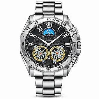 Miesten Double Tourbillon -luurankokello, hopeinen teräs, musta kellotaulu, valoisa, vedenpitävä kvartsimonitoimirannekello JY