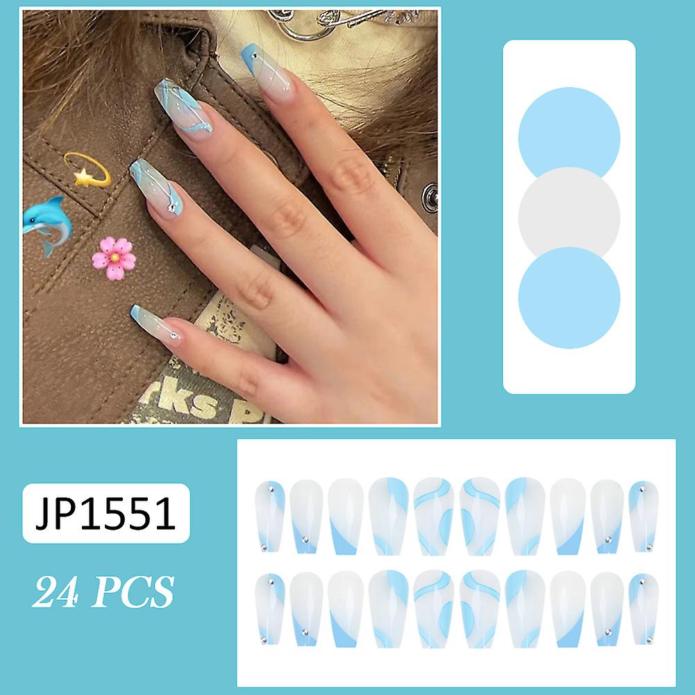 Rhinestone Decor Clear Blue Fake Nails Durable & Never Splitting Com