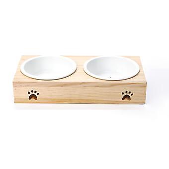Bamboo Pet Double Bowl Cartoon Prevent Slipping Easy to Clean Pet Table with Ceramic Bowls and Handle for Cats Dogs S Stainless Steel Double Bowl