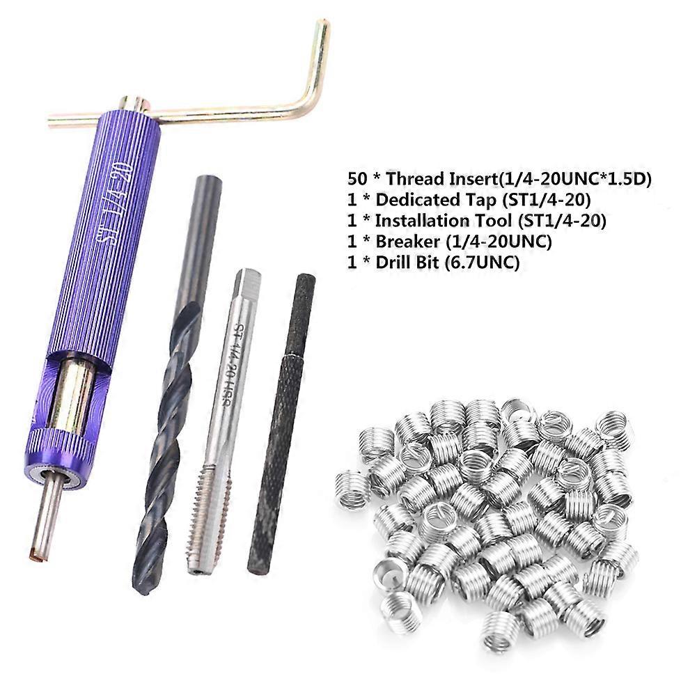 50Pcs Stainless Steel Thread Insert Set Installment Tool Kit 1/4-20UNC*1.5D