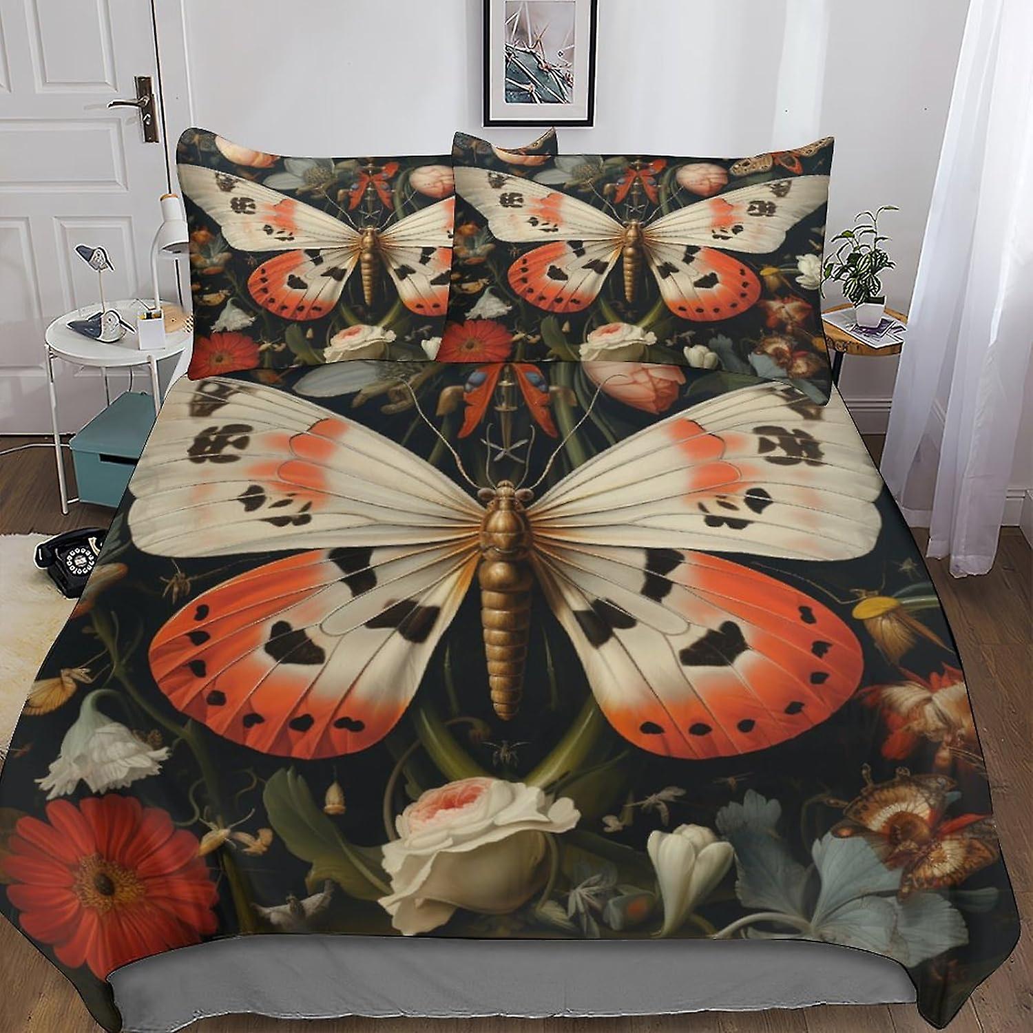 VCLUST Flower Butterfly 3 Piece Set Printed Duvet Cover Bed Set, Bedding Set, Soft Colorful Comforter Cover With Zipper Quilt Cover & Pillowcaseswith