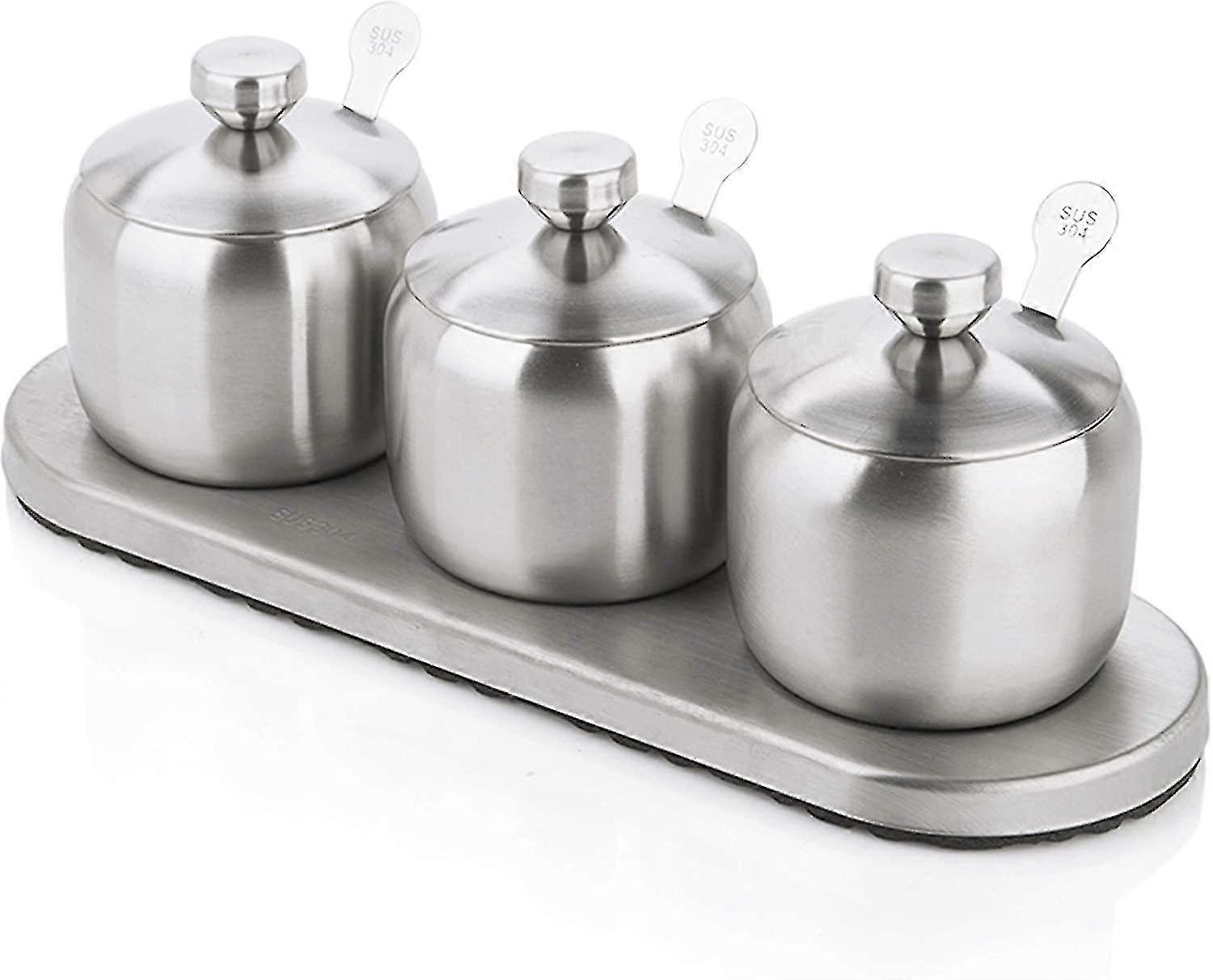 Stainless Steel Seasoning Containers Set With 3 Serving Spoonsnon-slip Base