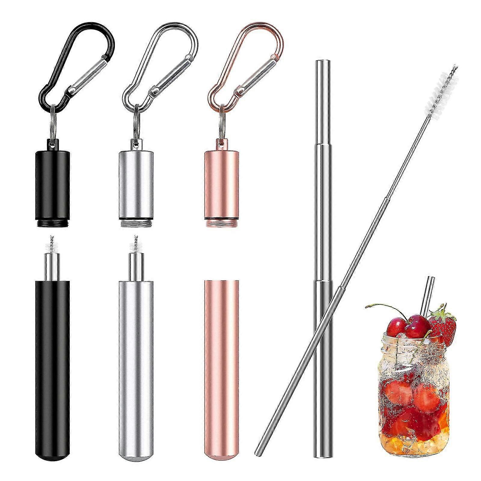 3 pacotes de palha de aço inoxidável, canudos telescópicos reutilizáveis 22,5cm canudos ecológicos dobráveis com 3 telescópicos