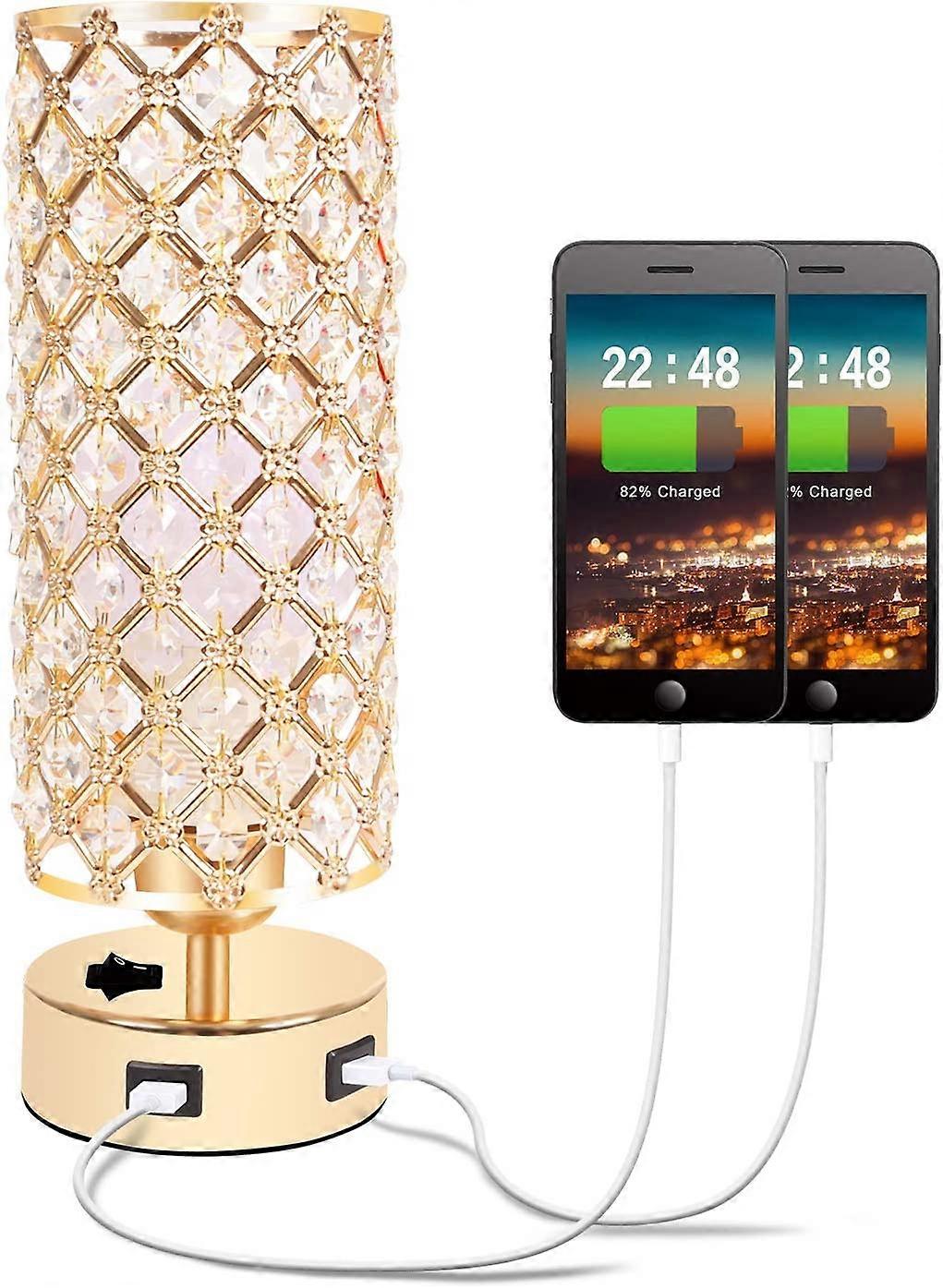 Επιτραπέζιο φωτιστικό κρυστάλλου Hong-in Rose Gold Lamp με θύρες USB 3 τρόπος Dimmable φως με κρύσταλλο αμπαζούρ κομοδίνο λαμπτήρα μικρό φως αφής για το σαλόνι