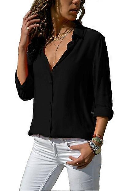 Women's Blouses Long Sleeve Shirts Simple Solid Color Black Turn Down Collar Fit Single Breasted