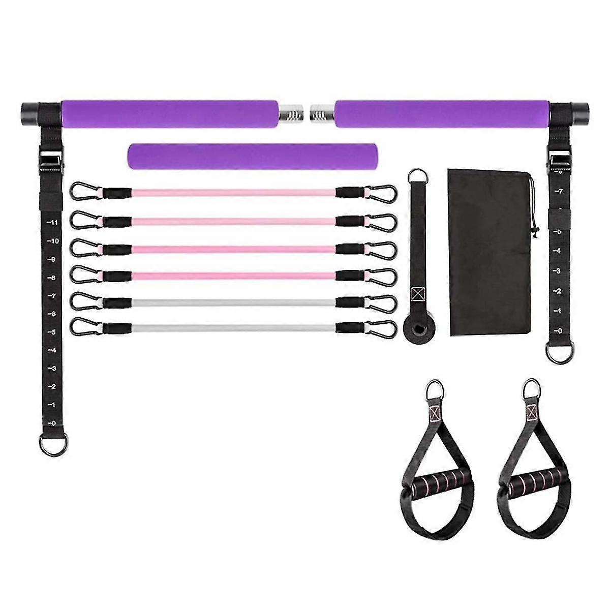 抵抗バンド付きピラティスバーキット、多機能ヨガピラティスバーホームジムピラティスレジスタンスバーキット(パープル)