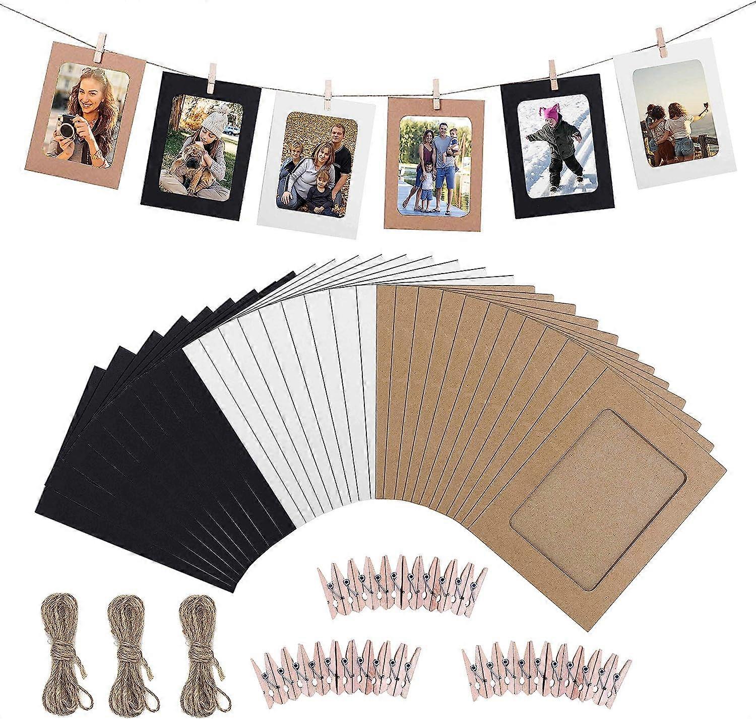 Paper Photo Frame 30 Pcs DIY Creative Retro Kraft Paper Picture Mats Hanging Album Frame with Mini Clips and Hemp Ropes for Home Dorm Office 6 inch