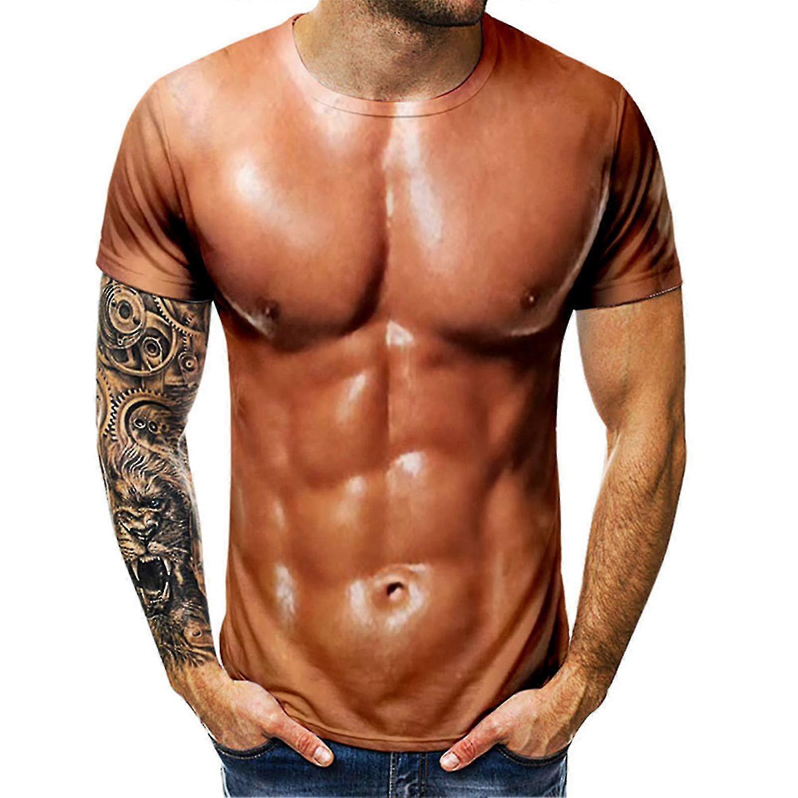 Ανδρικό 3d T-shirt Bodybuilding προσομοιωμένο μυοσκελές πουκάμισο γυμνό δέρμα στήθος μυς Tee Πουκάμισο