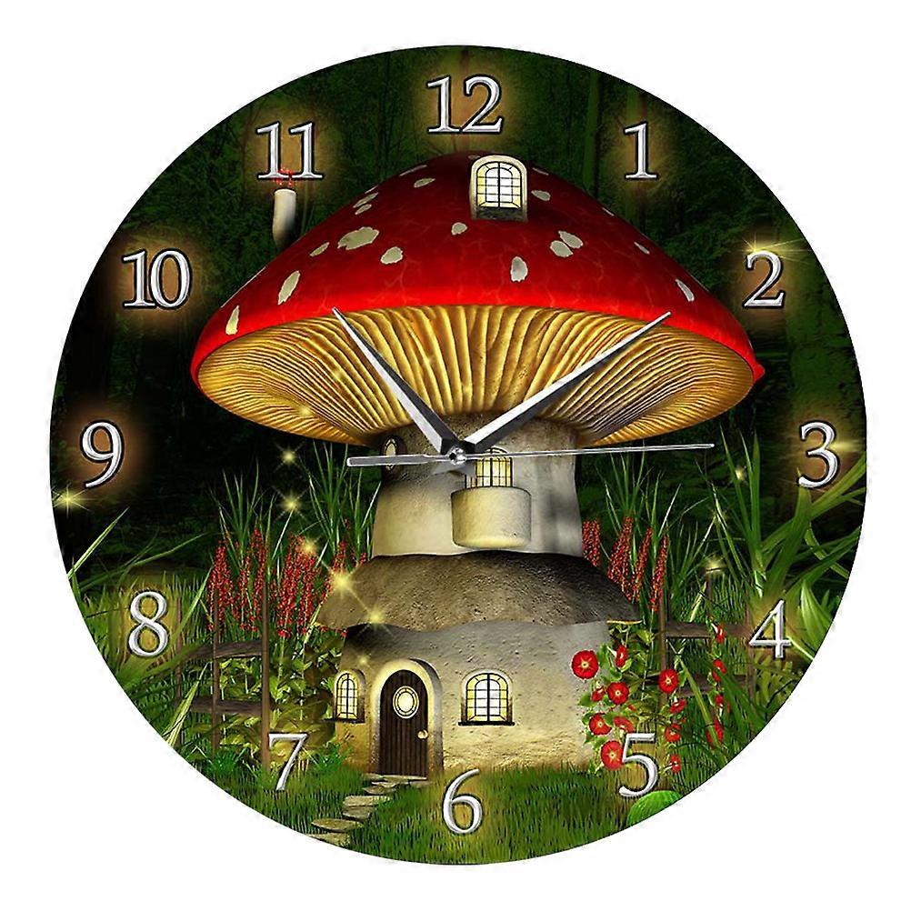 Cartoon Mushroom House Pattern Wall Clock Battery Operated Wall Clock Decor