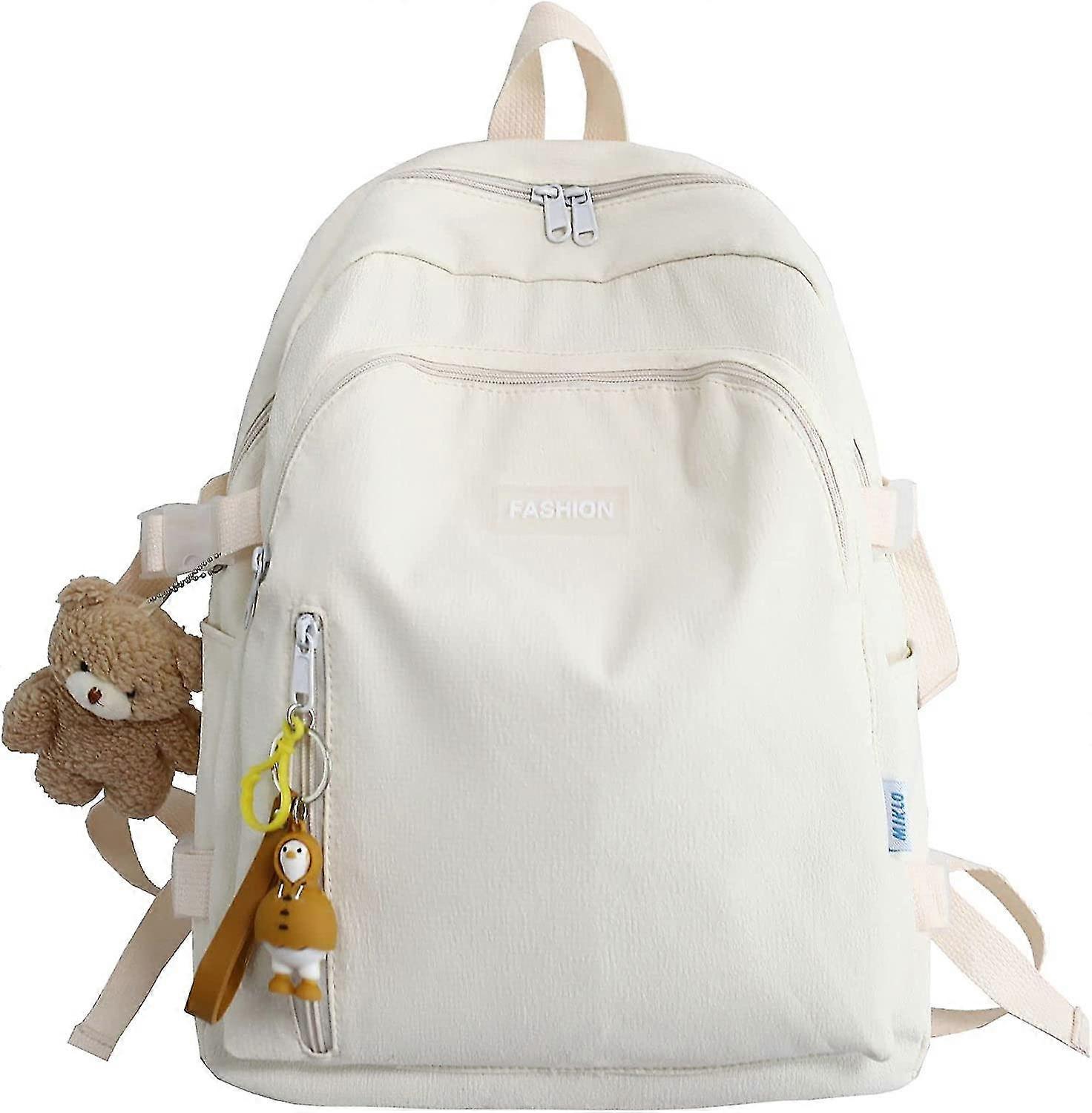 Sac à outils Kawaii Sac à dos blanc pour filles Adolescents Mode Sac à dos Pour ordinateur portable Sac d’école avec pendentif mignon