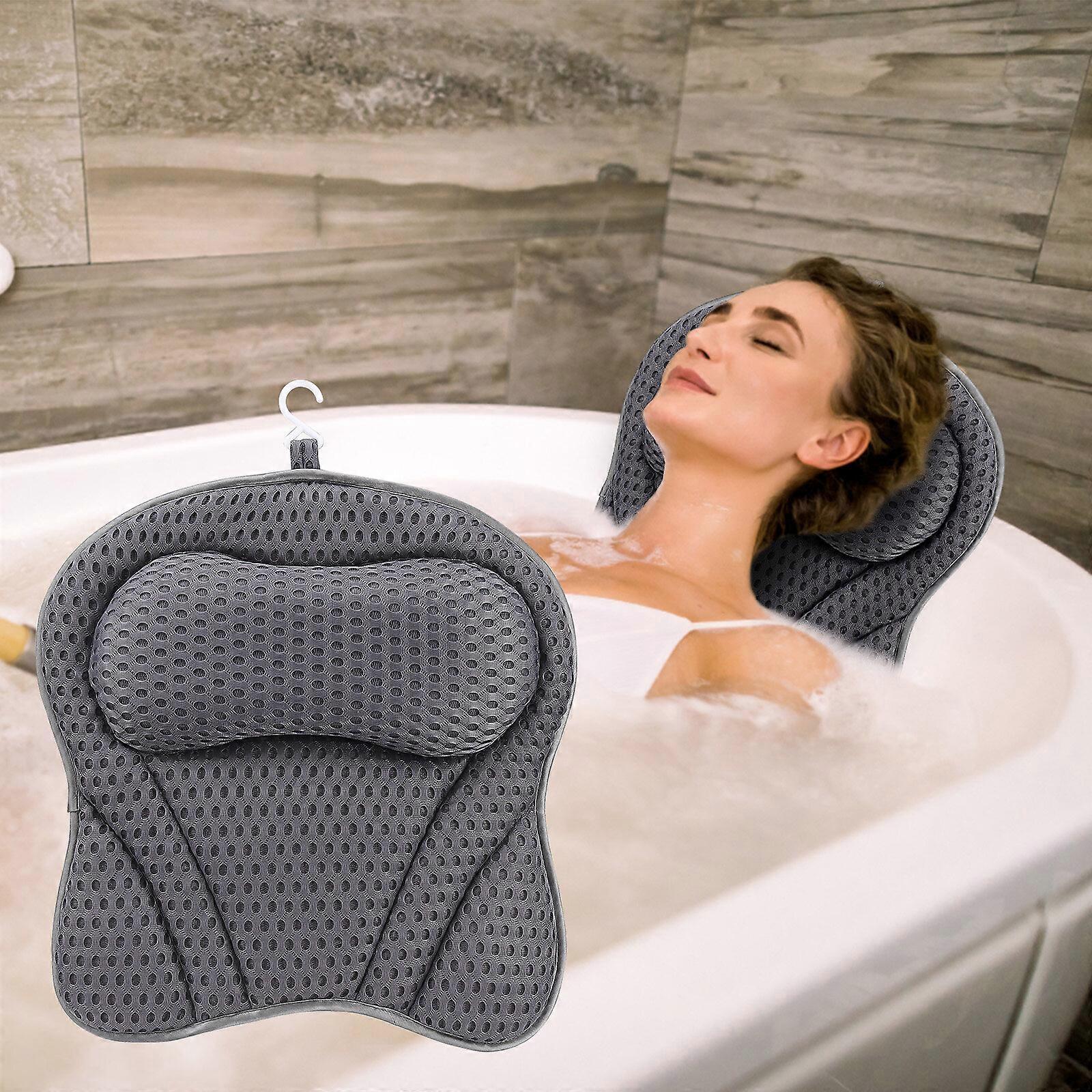 4D Air Mesh Bath Pillow Spa Pillow Head Rest for Tub and with 6 Suction Cup-Grey