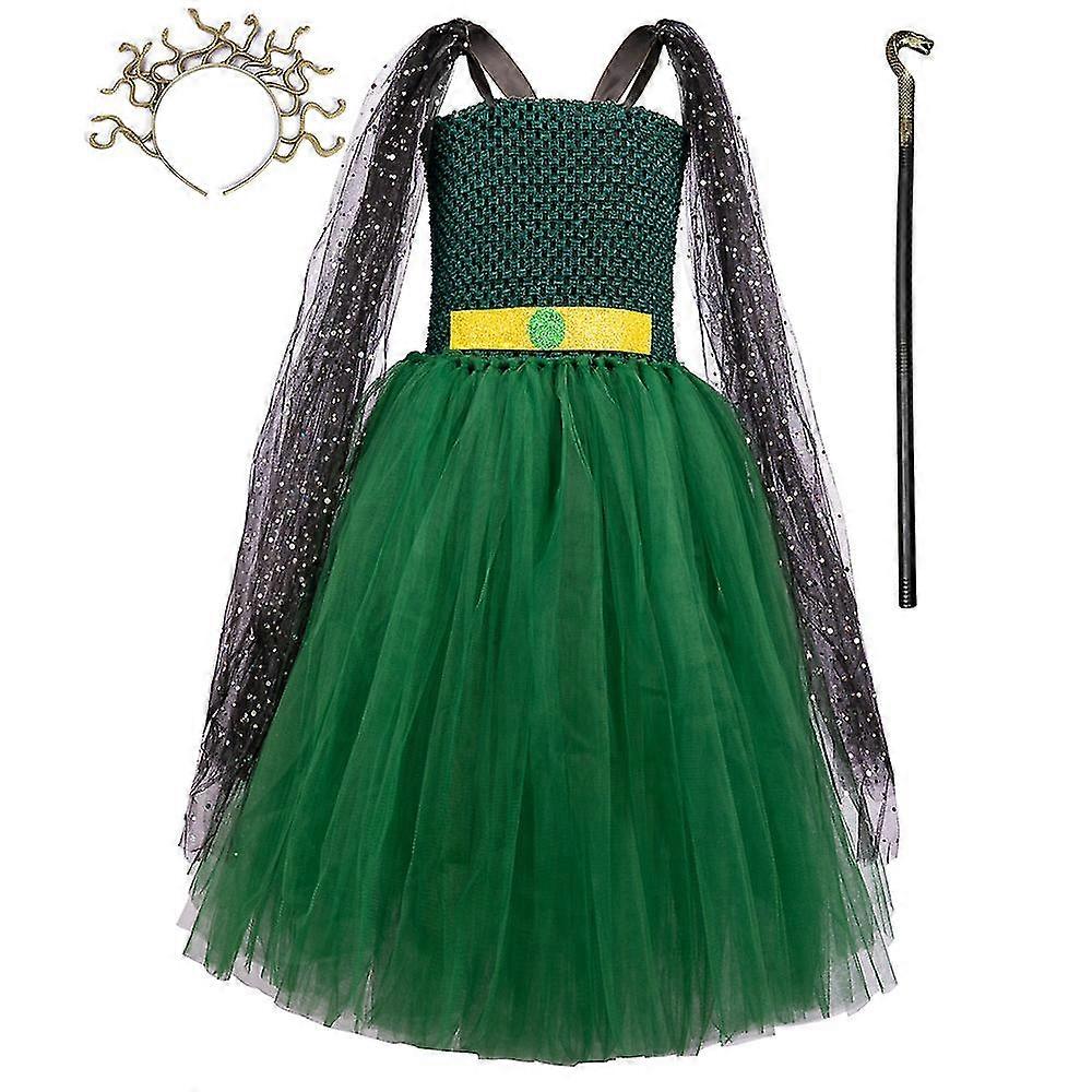 New Design Children's Dress Ancient Greek Medusa Witch Set Cos Costume Halloween Green Long Dress
