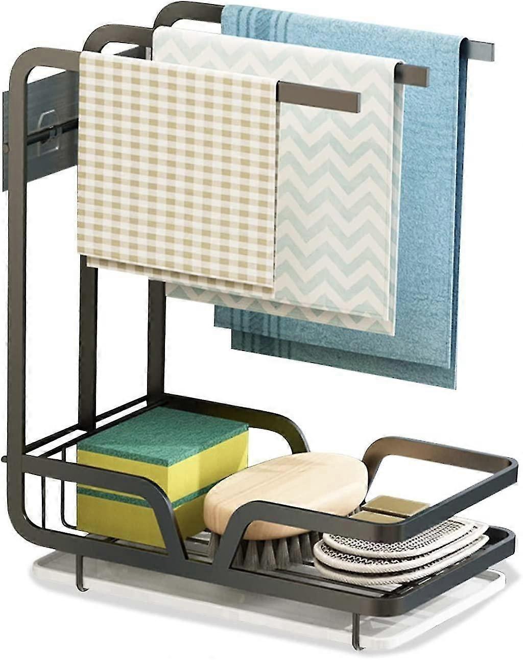 Kitchen Sink Caddy Organiser, Countertop Sponge & Soap Dispenser Rack, 3 Dishcloth Towel