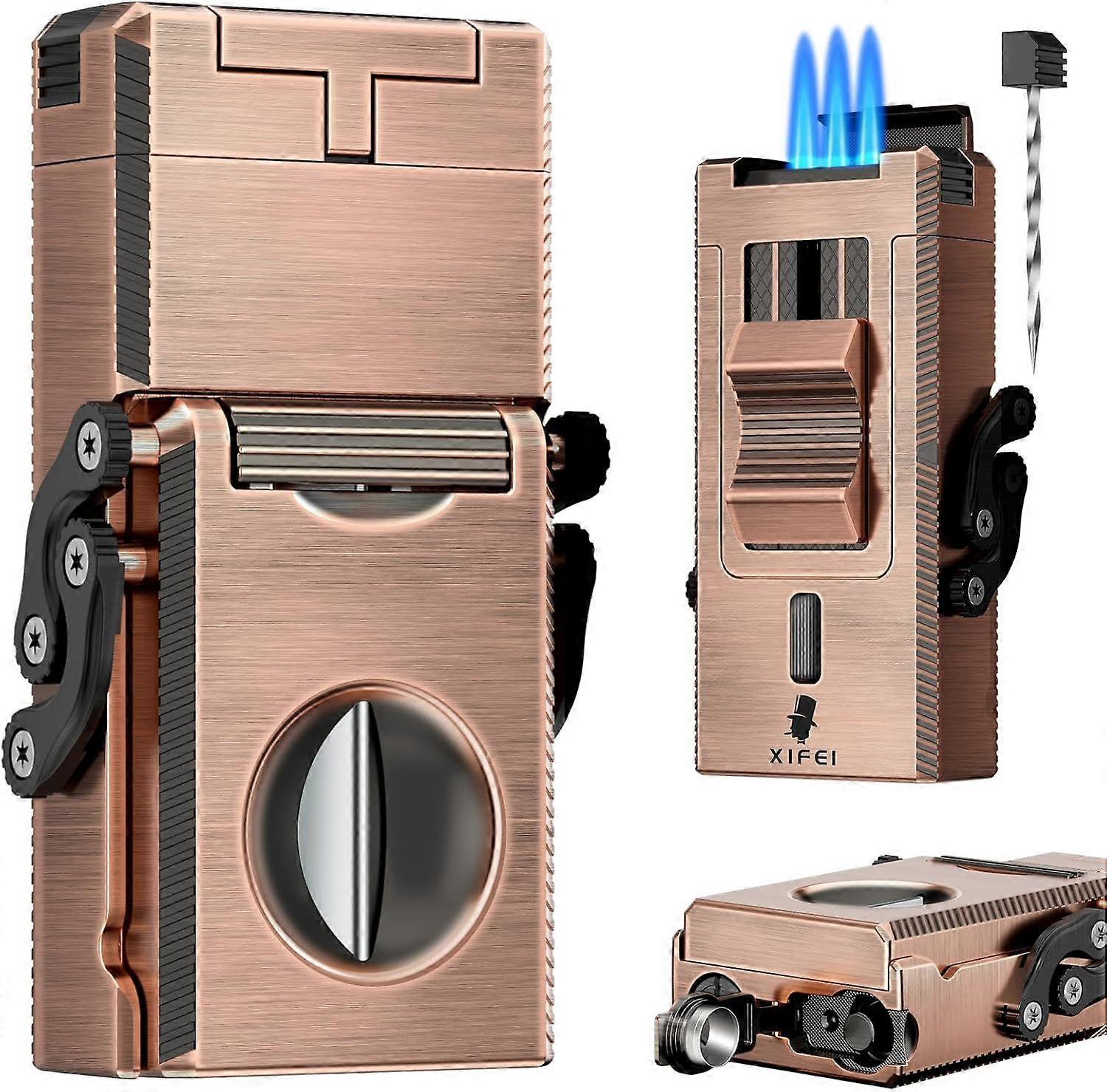 Triple Jet Torch Lighter, 5-in-1 Men's Gift with Built-in Cigar Punch, Holder, Draw Enhancer, Foldable V-Cut Cutter, Windproof and Refillable