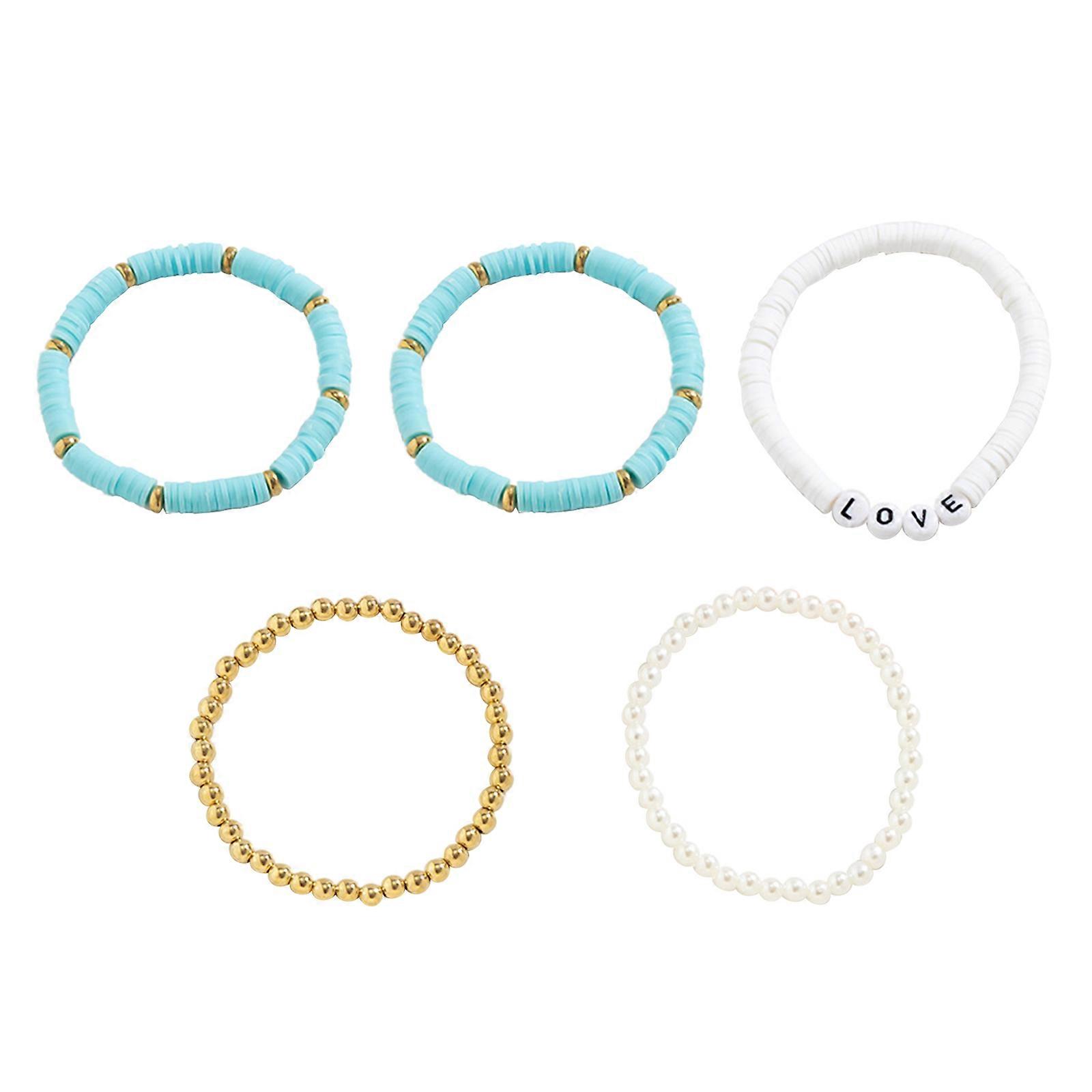 Cute Flower Bangle Clay Bead Bracelet with Imitation Pearls Charm Colorful Bangles Soft Clay Pottery Layering Wristband