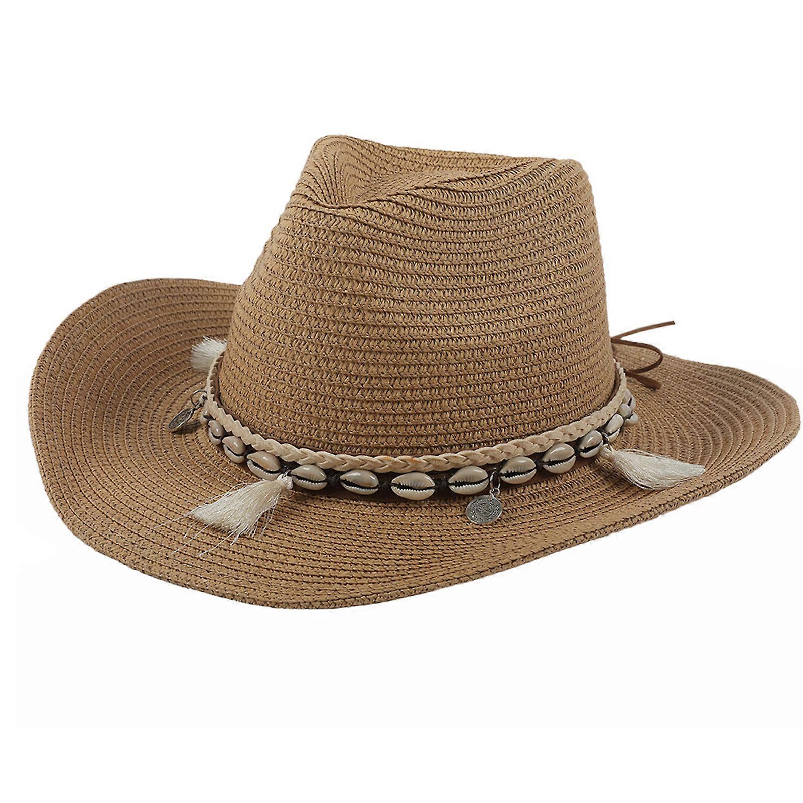 Simplicity Women's Wide Brim Straw for Sun Hat with Lanyard UPF Summer for Sun for Shell Tassel Hats Fine Workmanship St Khaki