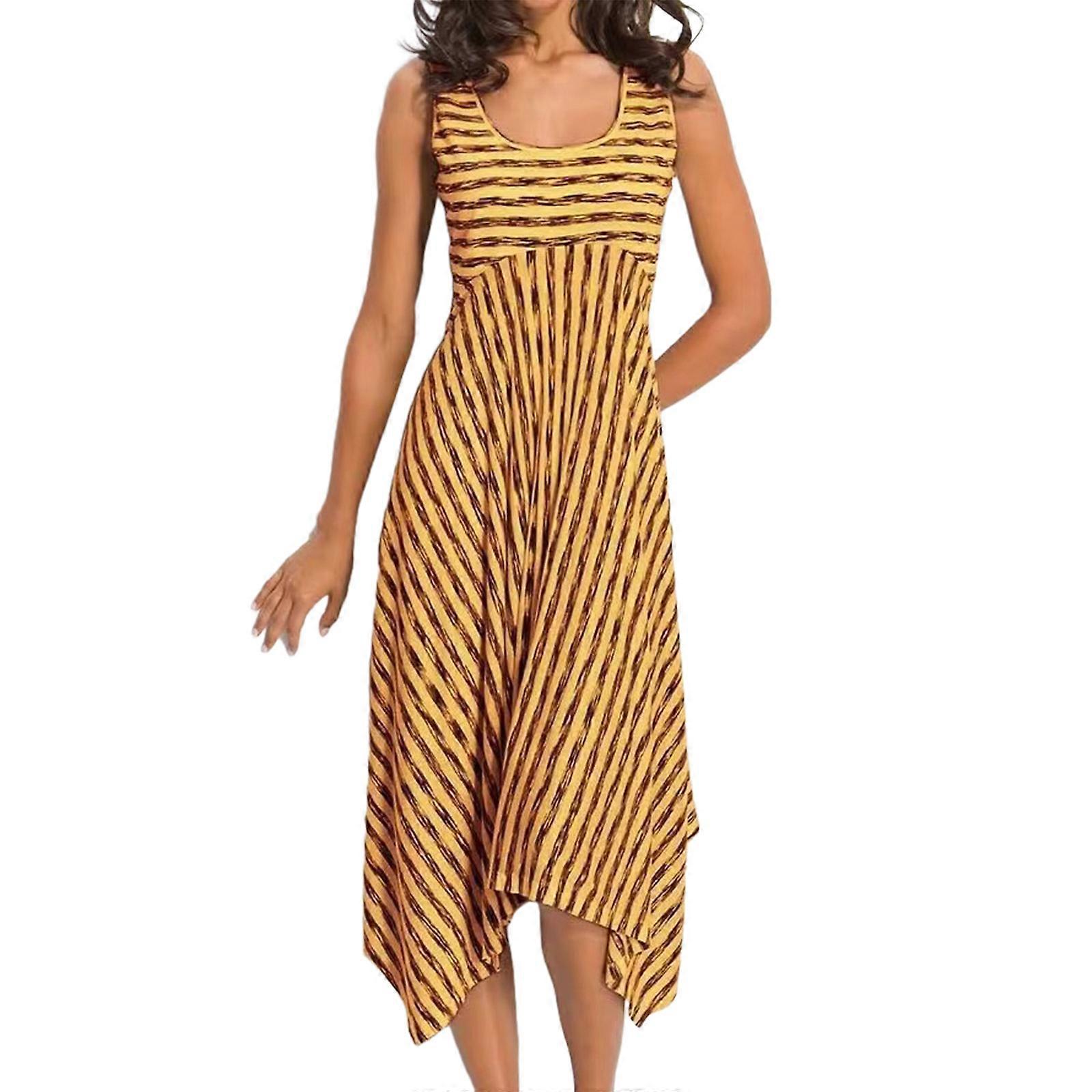 Women Summer Dress Striped Midi Dress Tank Dress Casual T-Shirt Dress Irregular Hem Midi Dress Sleeveless Swing Dress  Yellow XL