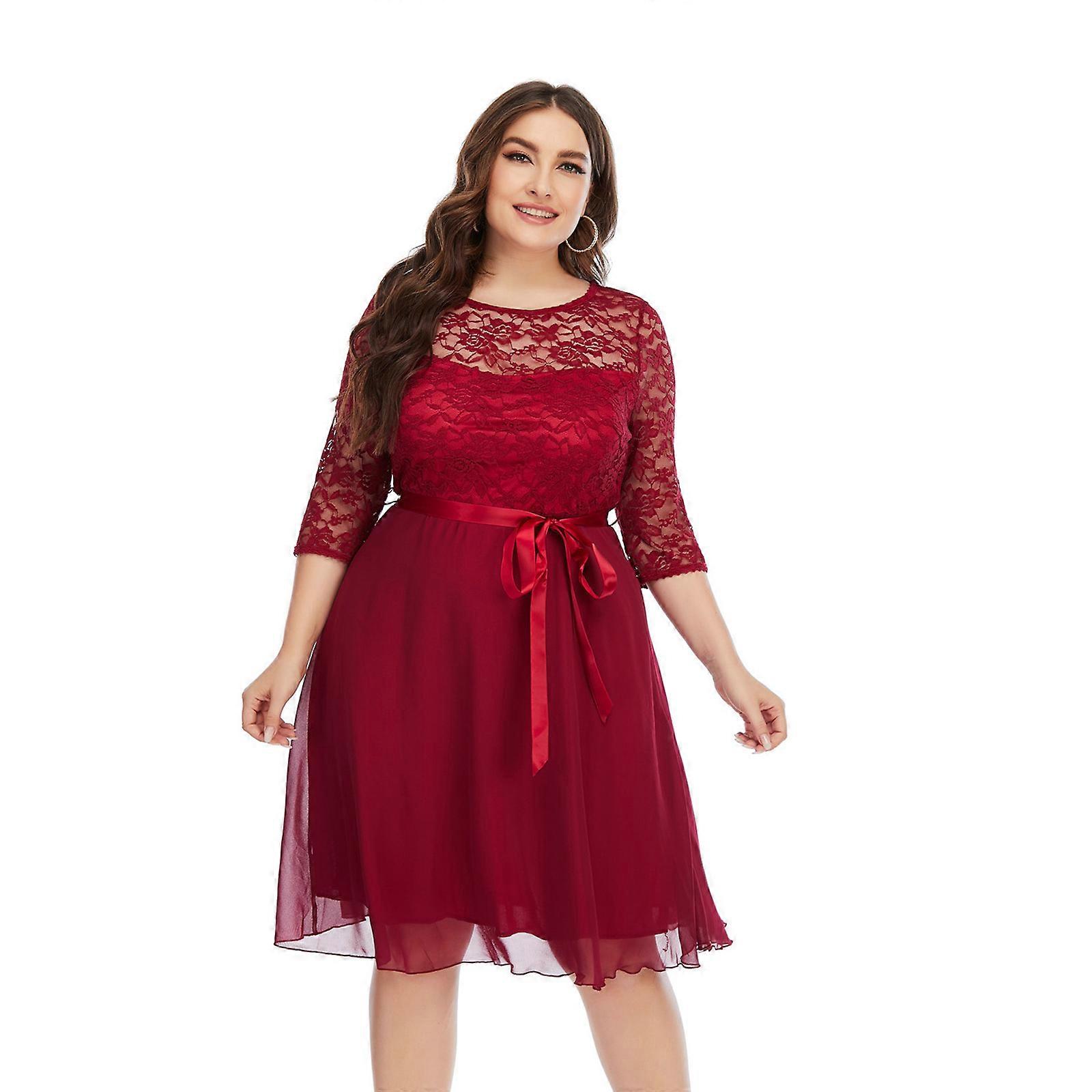 Women's Lace Patchwork Dress Plus Size Midi Dress Chic Chiffon Dress Stylish 3/4 Sleeve Belted Party Dress Holiday Dress Burgundy XXL | Fruugo TR Women's Lace Patchwork Dress Plus Size Midi Dress Chic Chiffon Dress Stylish 3/4 Sleeve Belted Party Dress Holiday Dress Burgundy XXL | Fruugo TR