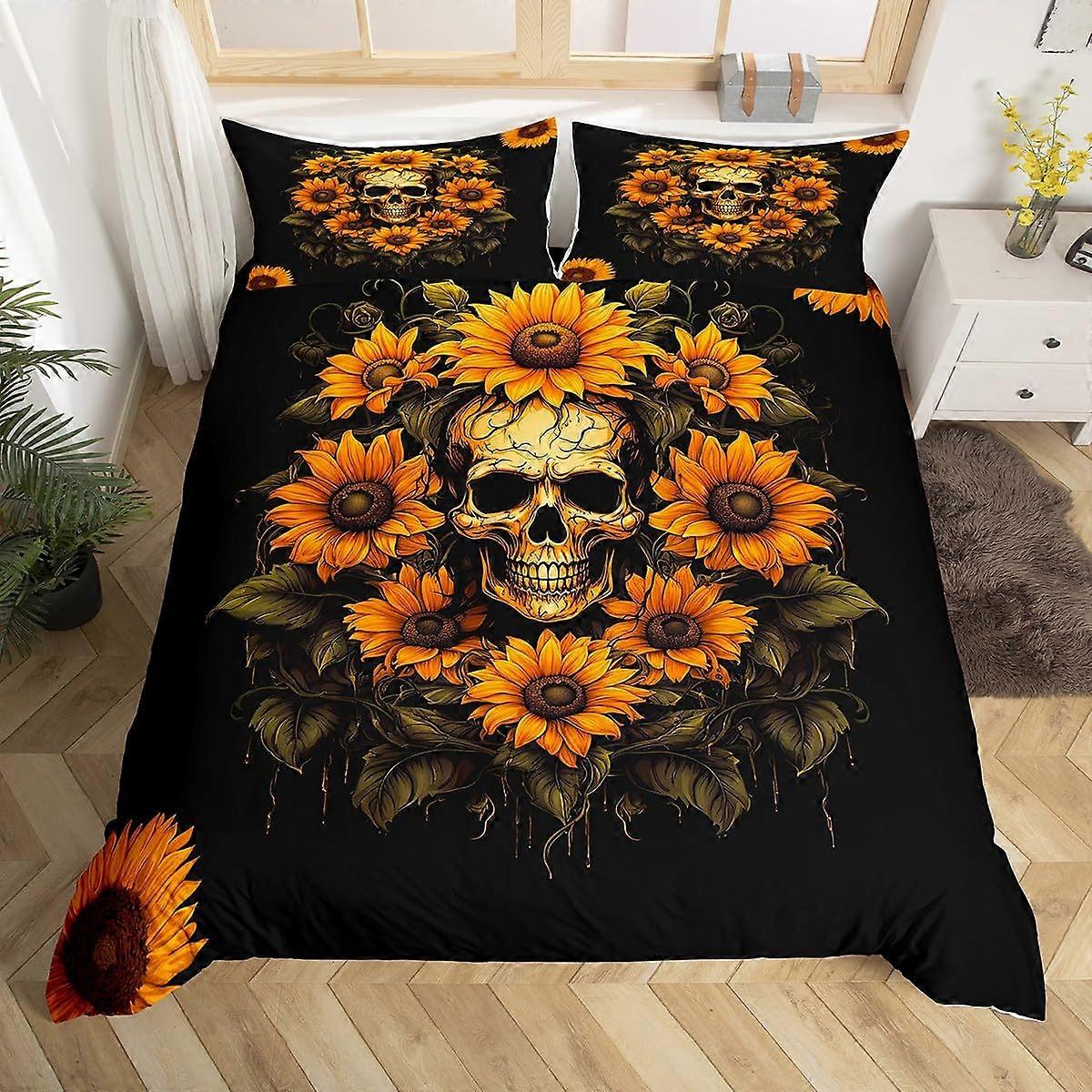 Boho Skull Bedding Set King Size,Sunflower Duvet Cover Set 3Pcs,Exotic Botanical Comforter Cover