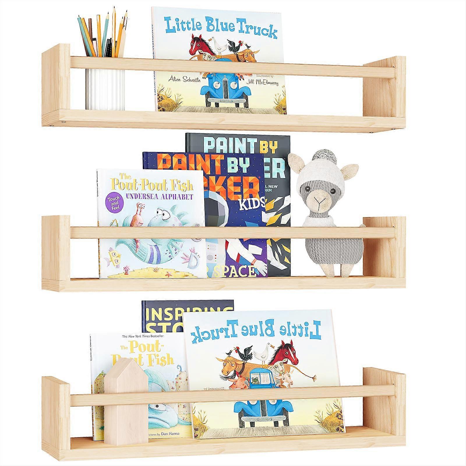 Nursery Shelves - 16.5 Inch Natural Wood Floating Bookshelves Set of 3 for Baby Nursery Decor, Wall Mounted Book Storage