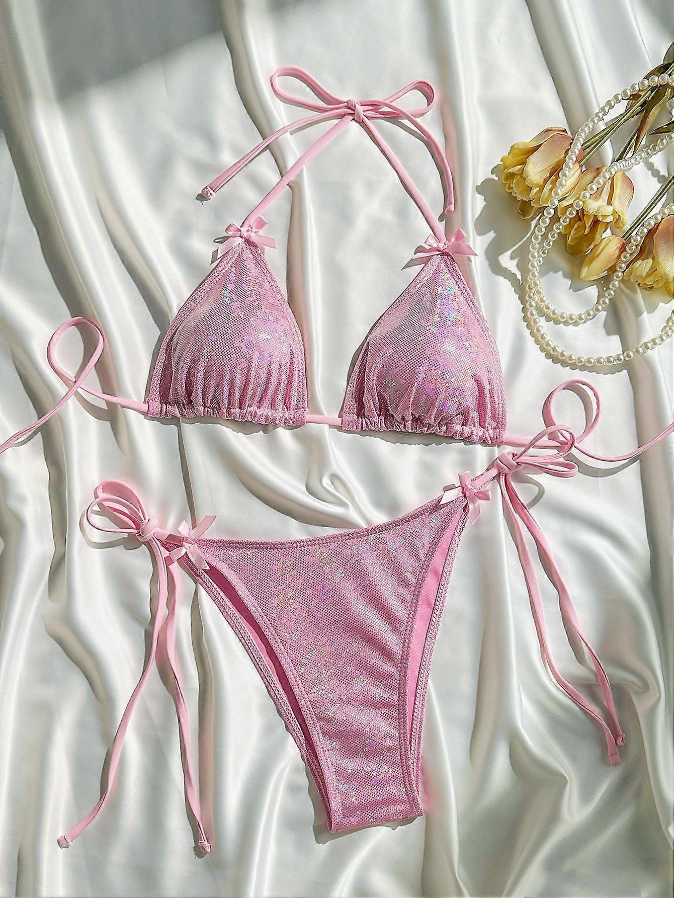Ensemble de bikini à paillettes roses pour femmes Maillots de bain triangle à paillettes avec côtés à nouer