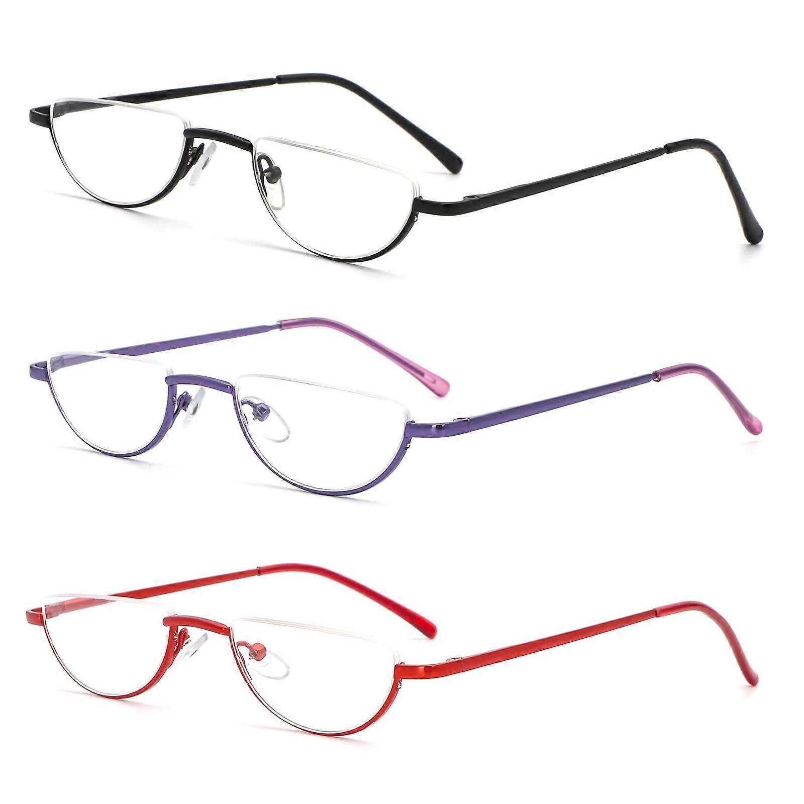 Half Frame Reading Glasses - 3 Pack, Unisex Slim Half Moon Lenses, Semi Rimless Metal Frame, Spring Hinges